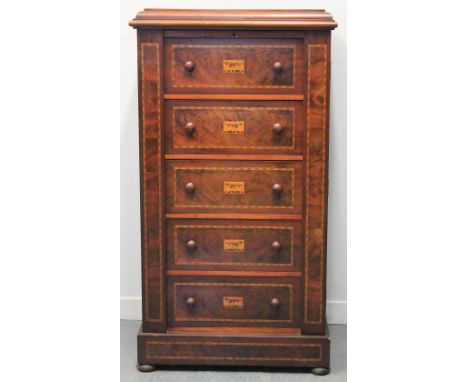 VICTORIAN MAHOGANY WELLINGTON CHEST/COLLECTOR'S CHEST of five drawers under a hinged caddy top which reveals lift out tray, t