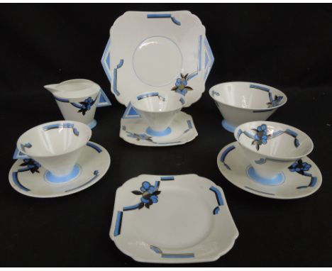 SHELLEY CHINA ART DECO VOGUE DESIGN BLUE AND WHITE TEA SET decorated with blue and black banding with flower heads, comprisin