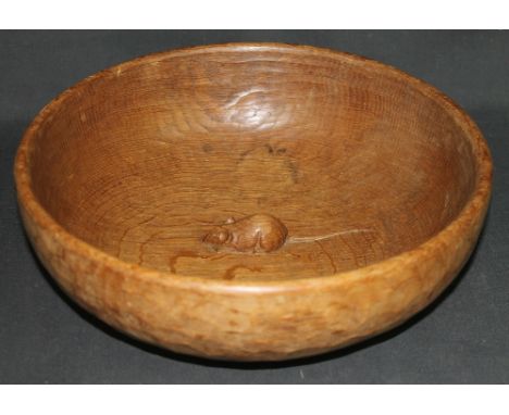 ROBERT MOUSEMAN 'THOMPSON' TURNED AND CARVED OAK BOWL with carved mouse to the interior.  28.5cm diameter. (Robert Thompson o