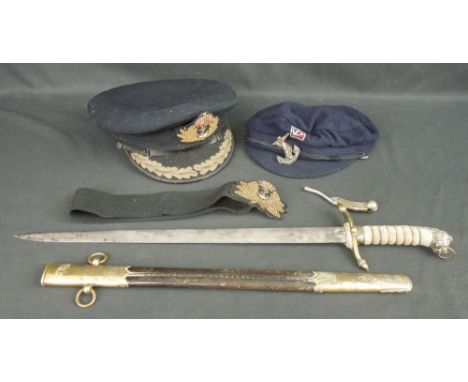 BRITISH NAVAL OFFICER'S SHORT SWORD together with Naval officer's cap, hat band, bosun's whistle and a civil yachting cap.  T