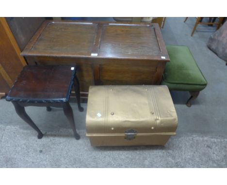 A painted trunk, an oak blanket chest and two others 