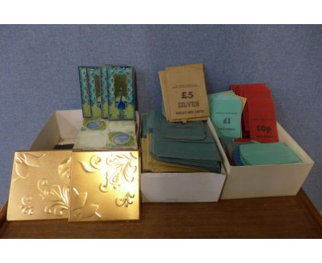 Assorted ceramic tiles including Minton and two boxes of assorted vintage money bags 