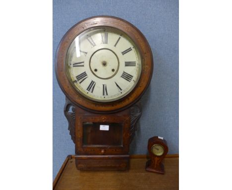 A 19th Century American inlaid walnut wall clock and a small Edward VII mahogany mantel timepiece, a/f 