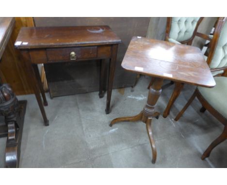 A Victorian oak tripod table and an oak single drawer side table 