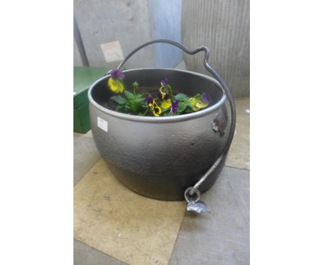 A cast iron cauldron planter 