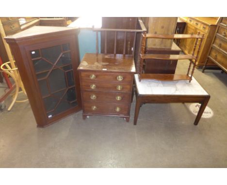 An Edward VII mahogany hanging corner cabinet, a George III mahogany tiled top table, a whatnot and a mahogany commode (conve