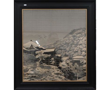A Japanese print on silk of Kyoto temple, 66 x 60 cm