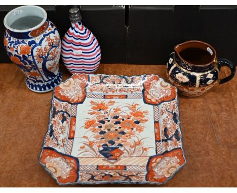 A Japanese Imari square dish with floral painted decoration, 32 cm , to/w an Imari baluster vase, 22 cm, a copper lustre pott