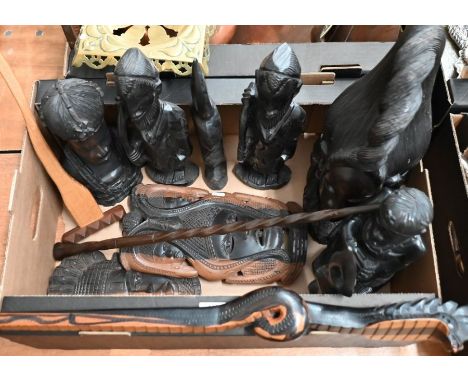 Various African carved wood statues, busts, masks, walking stick etc (box)