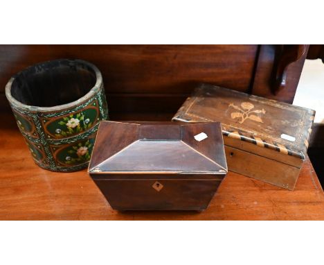 Regency mahogany sarcophagus tea caddy with two inner lidded compartments, 20 cm wide to/w a Victorian inlaid walnut cedar-li
