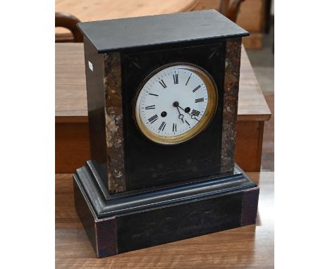 A 19th century French slate and marble cased architectural mantel clock with twin train drum movement striking on a bell, 28 