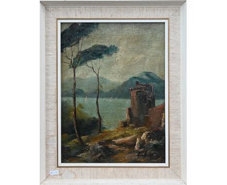 Italian school - Landscape, lake view, oil on canvas, 39 x 28 cm to/w print (2)