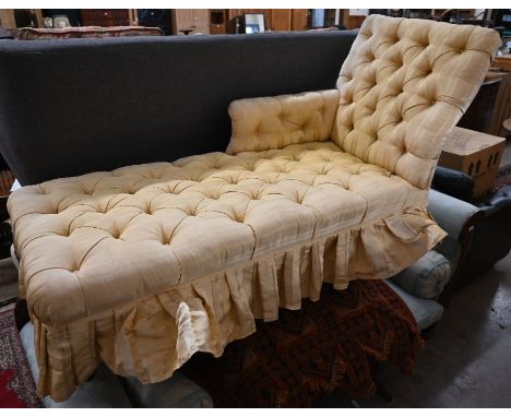 A Victorian rosewood framed button upholstered chaise longue, 155 cm w x 60 cm d x 90 cm h&nbsp;