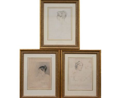 Three 19th century engraving portrait heads of young ladies, 31 x 23 cm (3)