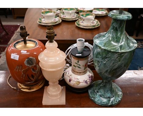 A Royal Copenhagen bulbous lamp-base with stylised floral painted decoration, 31 cm high overall to/w a painted metal marble-
