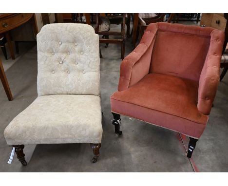 A Victorian low arm chair with buttoned rose dralon upholstery (A/F) to/w a Victorian button back nursing chair with cream fl