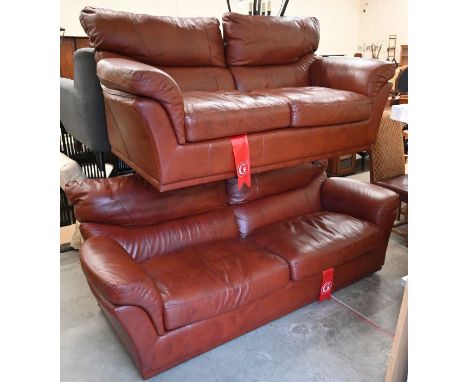 A G-Plan three seater conker-coloured leather sofa, 215 cm wide x 95 cm deep x 90 cm high to/w matching two seater, 180 cm wi