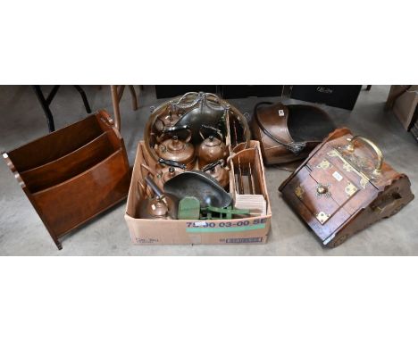 A Victorian copper coal helmet, to/w a brass-mounted oak coal-box, three copper kettles, bevelled wall mirror, grocery scales