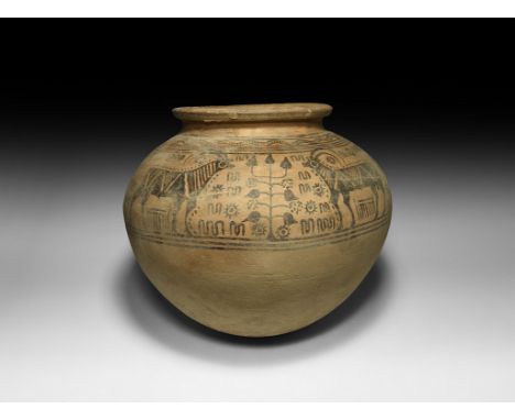 3rd-2nd millennium BC. A large ceramic storage vessel with bulbous body, short neck, broad everted rim and convex base; the u