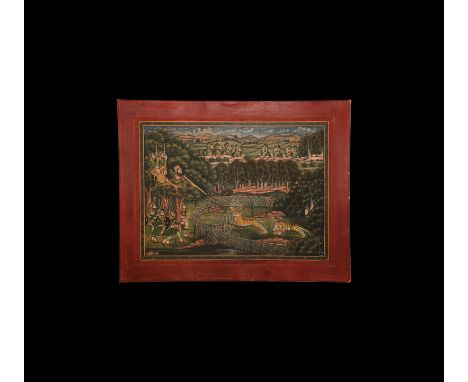 18th century AD. A dynamic polychrome painting with vibrant colours depicting Shah Jahan, the fifth Mughal emperor, hunting t