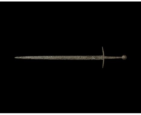 1260-1325 AD. An iron sword of Oakeshott's Type XVI.2, cross style 7, pommel style I1, showing a slender triangular blade wit