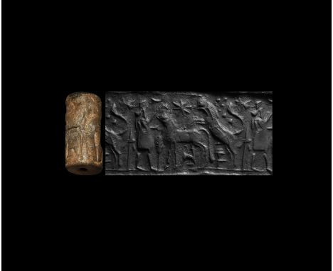 10th-7th century BC. A brown limestone seal, drilled vertically for suspension; accompanied by a museum-quality impression an