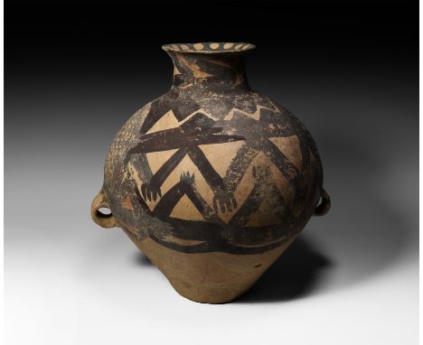 3rd millennium BC. A ceramic vase with conical lower body and bulbous upper with flat base and two loop handles, the neck bro