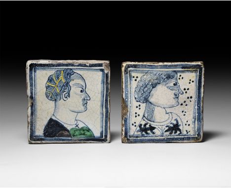 Mid 15th-mid 16th century AD. A group of two maiolica blue and white glazed ceramic square tiles comprising: one with bust fa