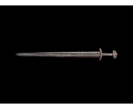 10th century AD. An iron sword comprising a broad lentoid-section two-edged blade of Peirce's Type 3 with fullers for most of