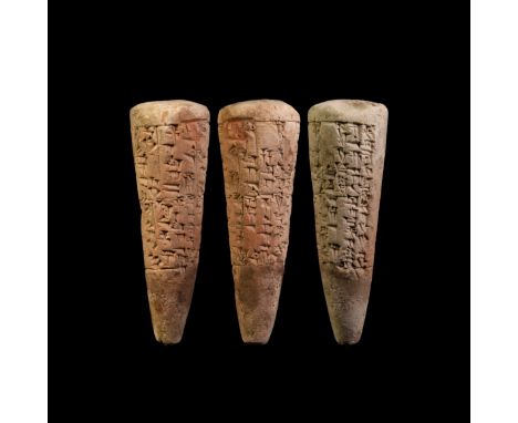 1935-1924 BC. A ceramic foundation cone with impressed cuneiform inscription recording the erection of a temple at Enisa in M