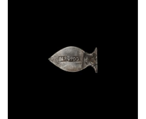 4th-5th century AD. A silver amphora-shaped strap end of a military belt with a fastening hole in the upper part, Latin inscr