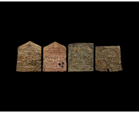 3rd century AD. A group of four lead votive trapezoidal and square plaques showing scenes of a Danubian cult: on three plaque