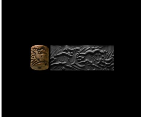 3rd millennium BC. A large limestone cylinder seal with abstract design; accompanied by a museum-quality impression and a cop