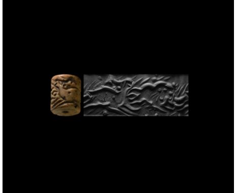 3rd millennium BC. A large limestone cylinder seal with abstract design; accompanied by a museum-quality impression and a cop