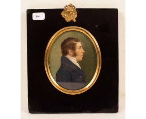 English School, circa 1800/Portrait Miniature of a Gentleman/shoulder length, in profile, wearing a blue coat/watercolour on 