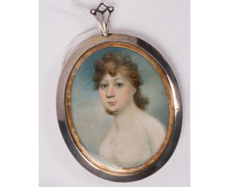 Attributed to John Thomas Barber Beaumont (1774-1841)/Portrait Miniature of a Lady/in a white dress against a sky background/