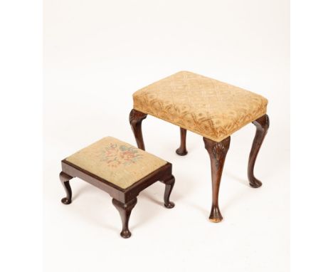 A Queen Anne style stool, the cabriole legs with shell capped knees, 44cm x 33cm and a small stool on cabriole legs with pad 