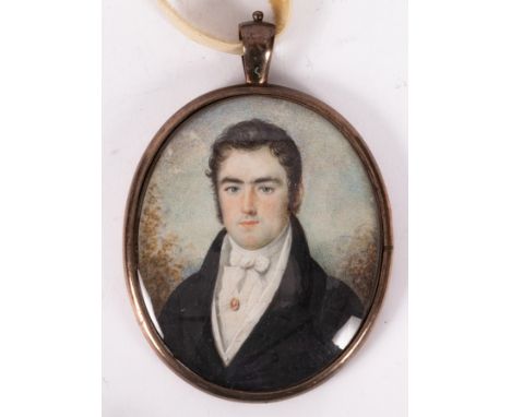 English School, 19th Century/Portrait Miniature of a Young Man/wearing a black coat and a white stock/watercolour on ivory, 6