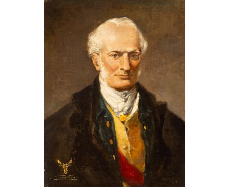 F Hewlett (early 20th Century)/Portrait of a Gentleman/half-length, wearing a coat and red sash/signed lower right and bearin