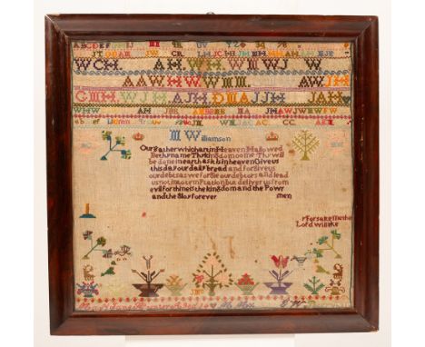 A 19th Century alphabet sampler with The Lords Prayer, Mary Jane Hunter ages 14 years, approximately 61cm x 63cm  CONDITION R