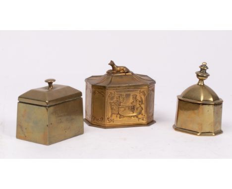 Two brass tobacco jars, one dated 1854 and another tobacco jar with fox finial (3)  CONDITION REPORT: Condition information i