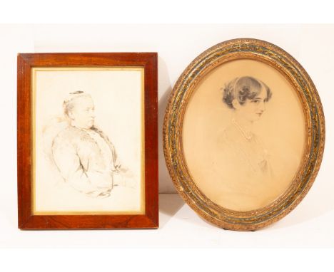 English School, 19th Century/Portrait of a Seated Woman/half-length, with lace band and grey lace-lined blouse/and a pencil a