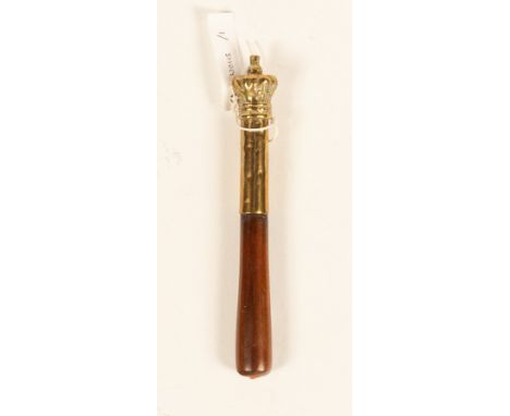 A turned wooden and brass mounted tipstaff or truncheon, with a crown cast brass finial and handle and a tapered shaft, 22cm 