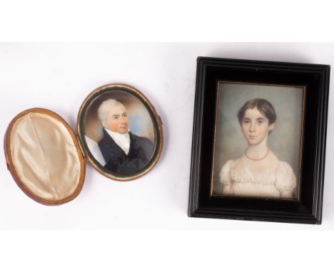 English School, circa 1800/Portrait miniature of a Gentleman/shoulder length, wearing a blue coat and white stock/watercolour