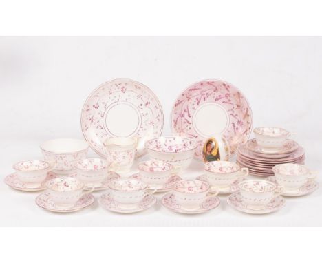 A part pink lustre tea set, comprising: ten cups, ten saucers, nine side plates, two cake plates and a slop bowl, a few other