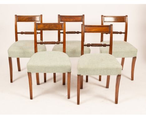 A set of six Regency mahogany dining chairs with light green upholstered stuff over seats  CONDITION REPORT: Condition inform