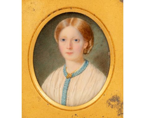 English School, 19th Century/Portrait Miniature of a Young Woman/wearing a white dress with a blue collar/watercolour on ivor