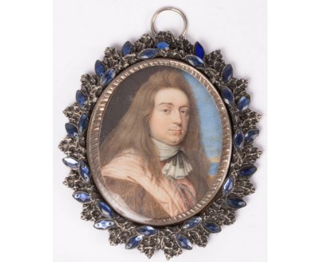 English School, 18th Century/Portrait Miniature of a Gentleman/with long hair and wearing a pink sash and brown coat/watercol