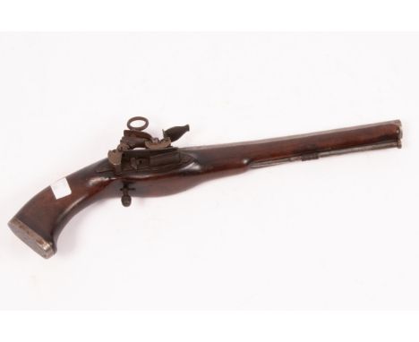 A flintlock pistol with embossed floral barrel top and acorn finial to the trigger, with ramrod, 42cm long CONDITION REPORT: 