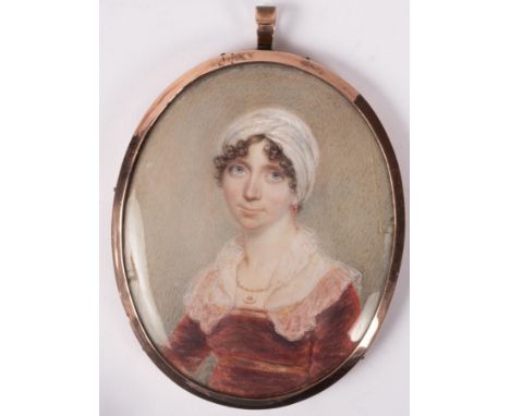 English School, circa 1800/Portrait Miniature of a Lady/half-length, wearing a burgundy dress/watercolour on ivory, 8 x 6.5cm